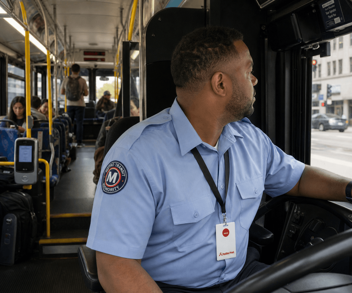Panic button for transit workers — Positive Proof staff duress alert system for bus operators, rail workers, and station staff