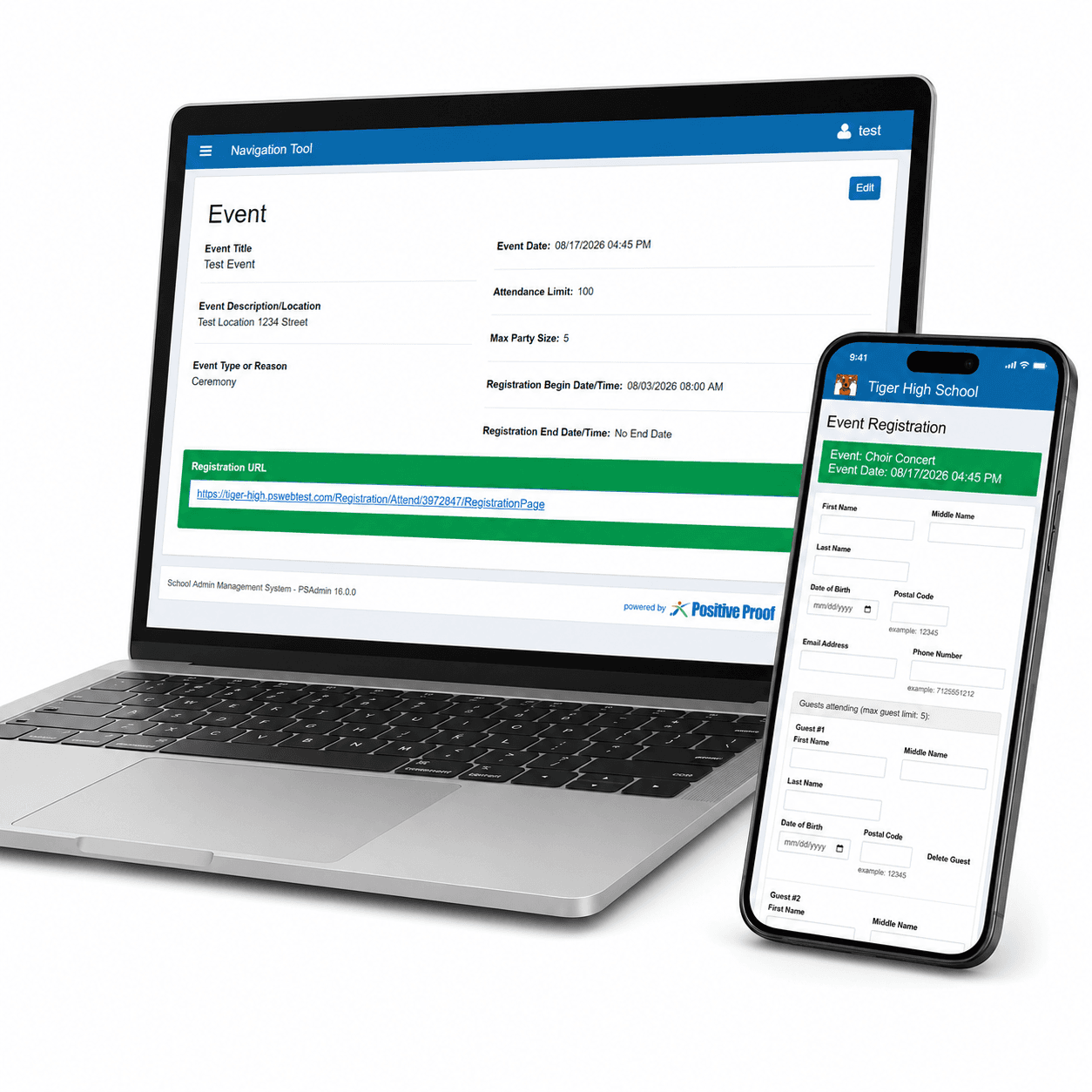 Positive Proof event management software on tablet and phone — event setup and registration screens