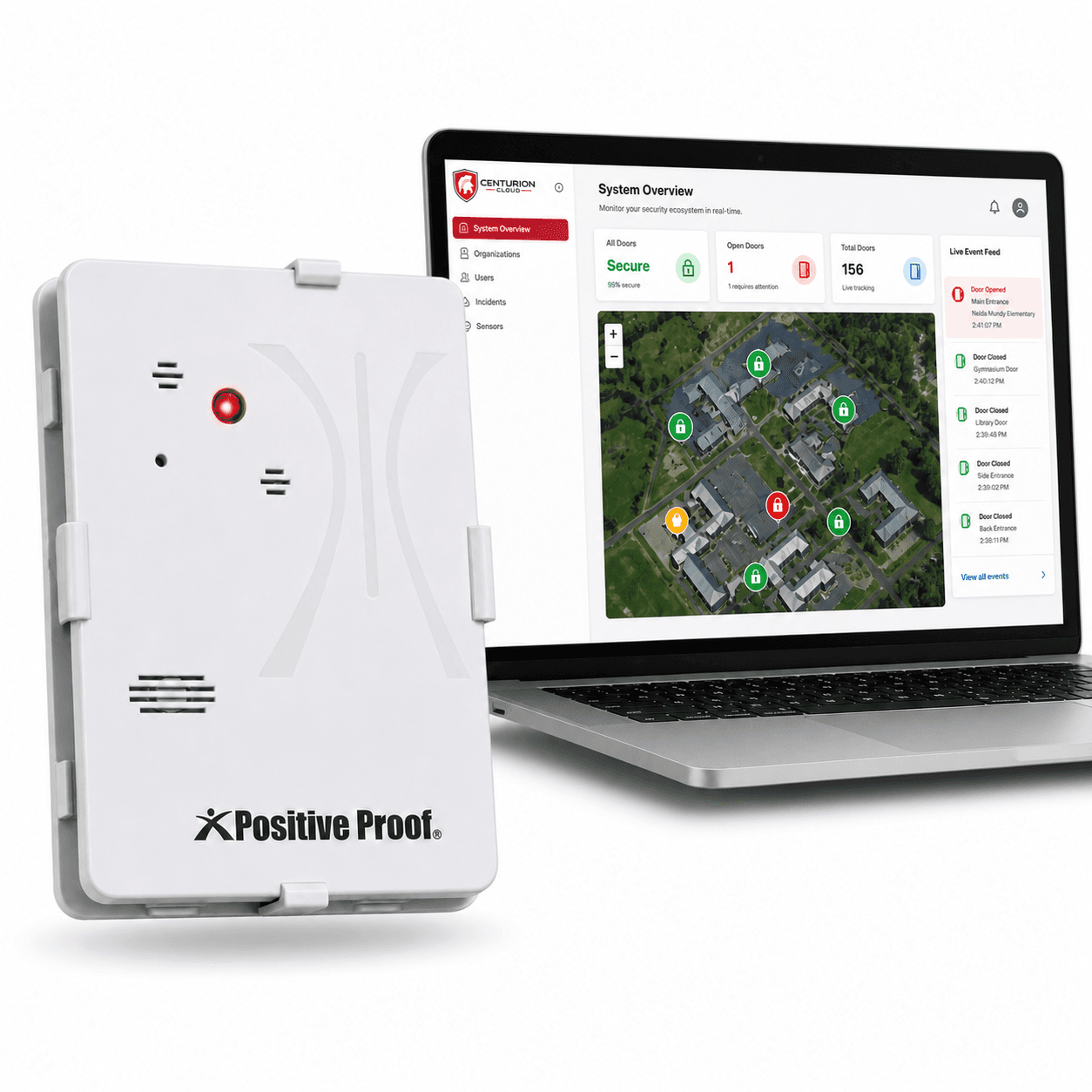 Positive Proof gunshot detection sensor alongside Centurion Cloud incident response dashboard