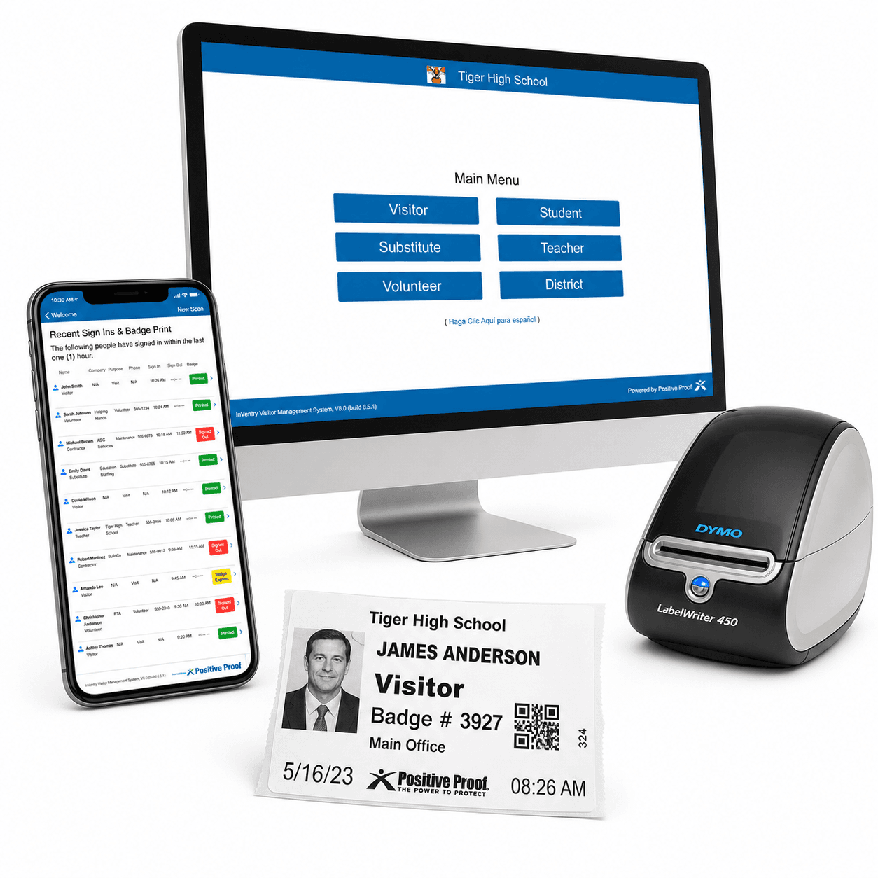 Positive Proof visitor management stack — Windows tablet kiosk, mobile dashboard, Dymo printer, and printed visitor badge