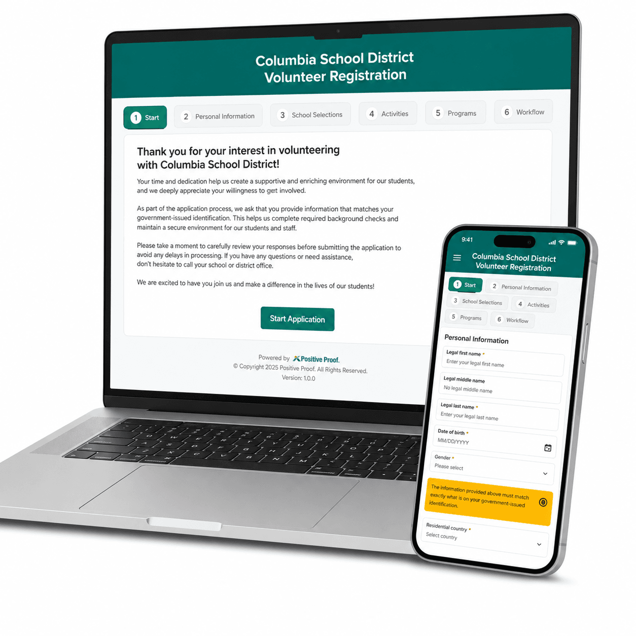 Positive Proof volunteer management software on laptop and phone — volunteer registration and screening