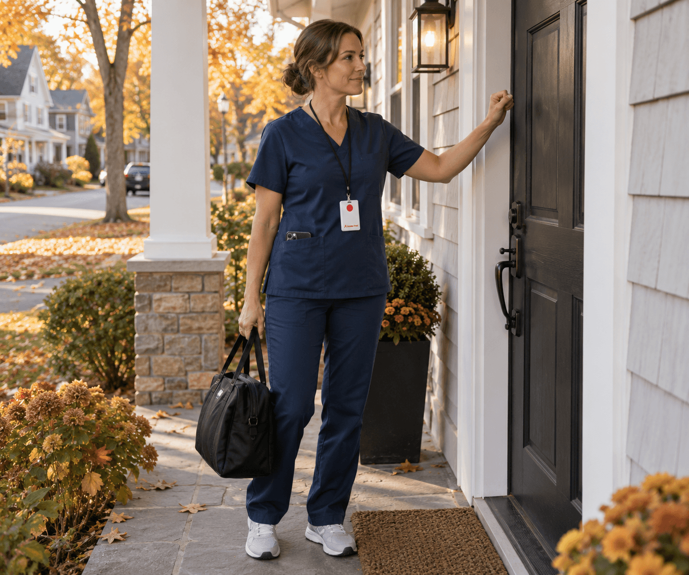 Illustration: a home health nurse arriving alone at a client's front door, wearing a Positive Proof panic badge on a lanyard